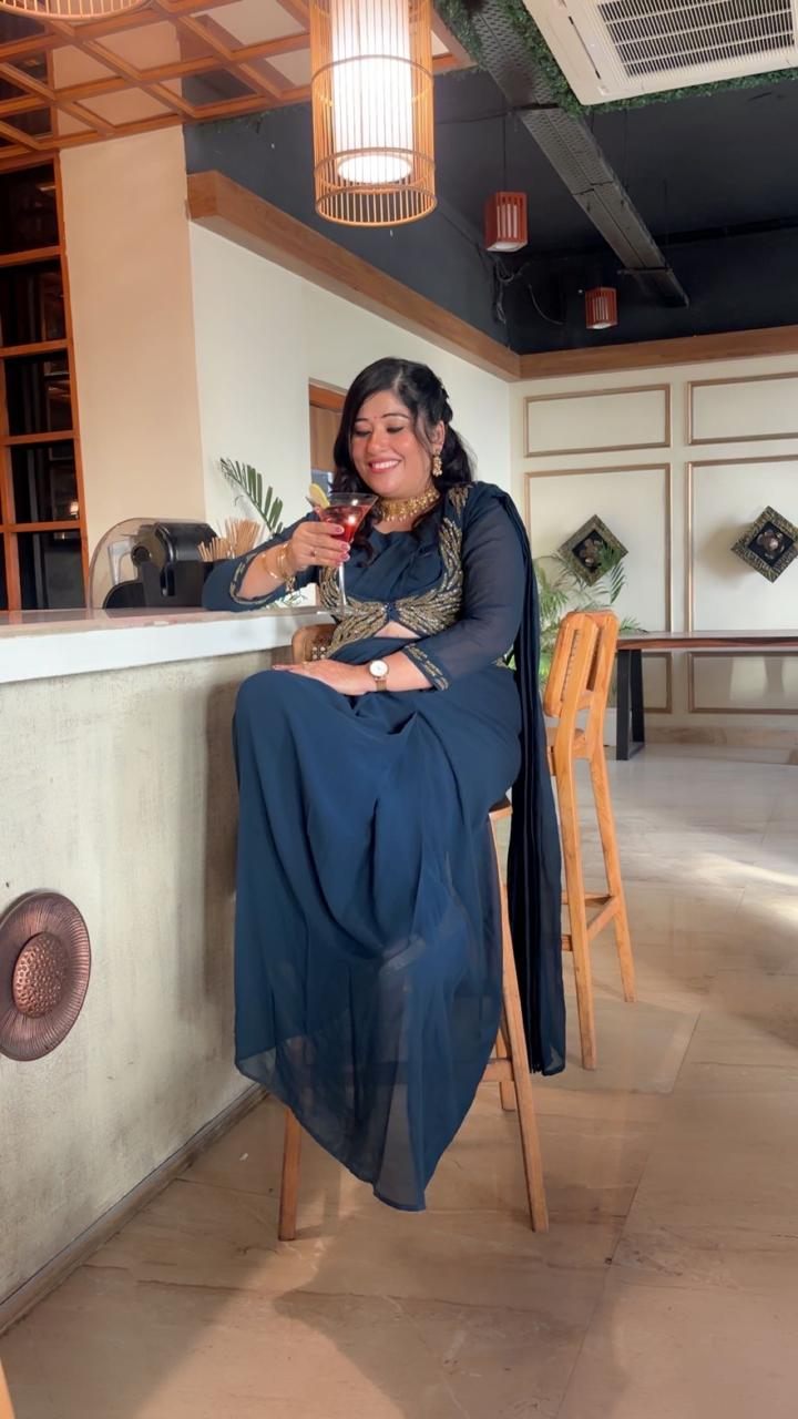 Navy pre-draped saree